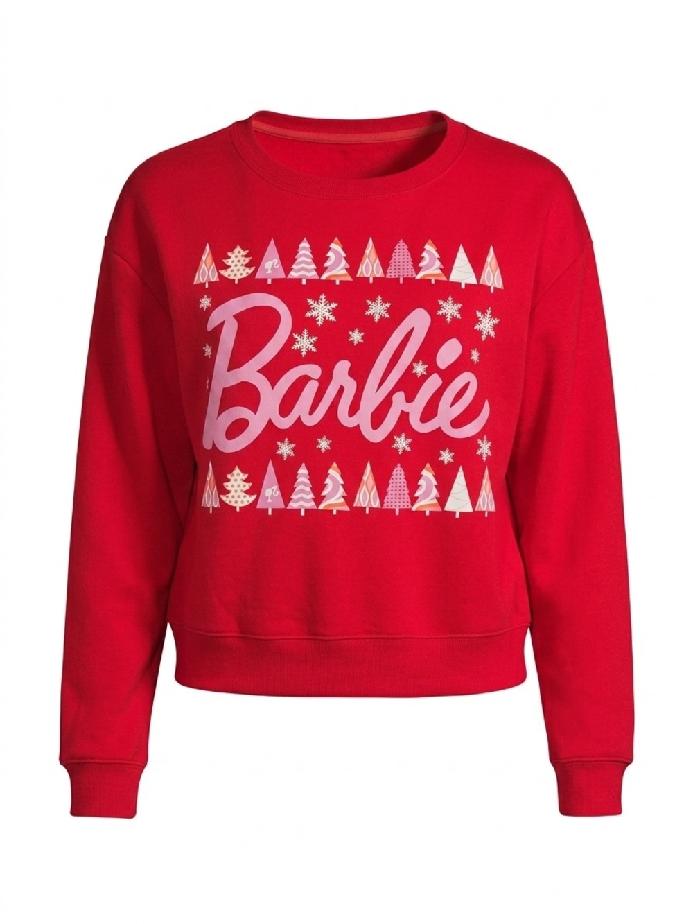 Barbie Red Crewneck Sweatshirt with Pink Logo & Holiday Trees